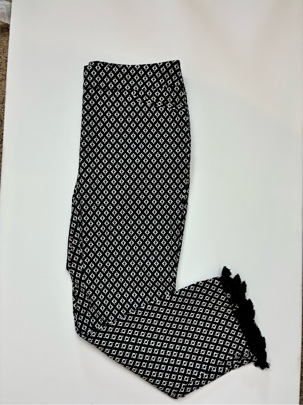 Chico's Black & White Geometric Ball Fringe at Hem Cropped Pants